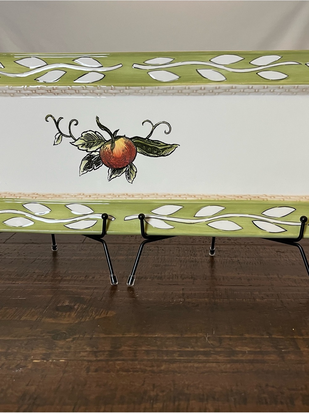 Fitz and Floyd Green and White Ceramic Tray with Peach Motif